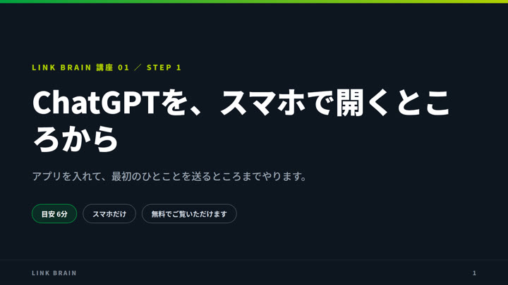 講座01：AIで、お店の紹介文を完成させる（STEP1動画のタイトル画面）