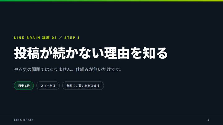講座03：投稿が続く仕組みを、先に作る（STEP1動画のタイトル画面）