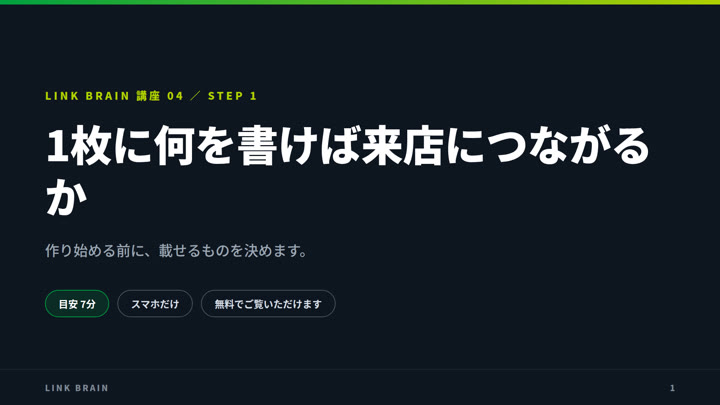講座04：自分のお店のページを、1枚持つ（STEP1動画のタイトル画面）